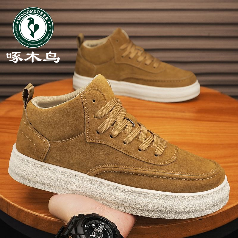 【正品】啄木鸟男鞋新款中高帮绒面皮面工装鞋潮流百搭时尚休闲板鞋