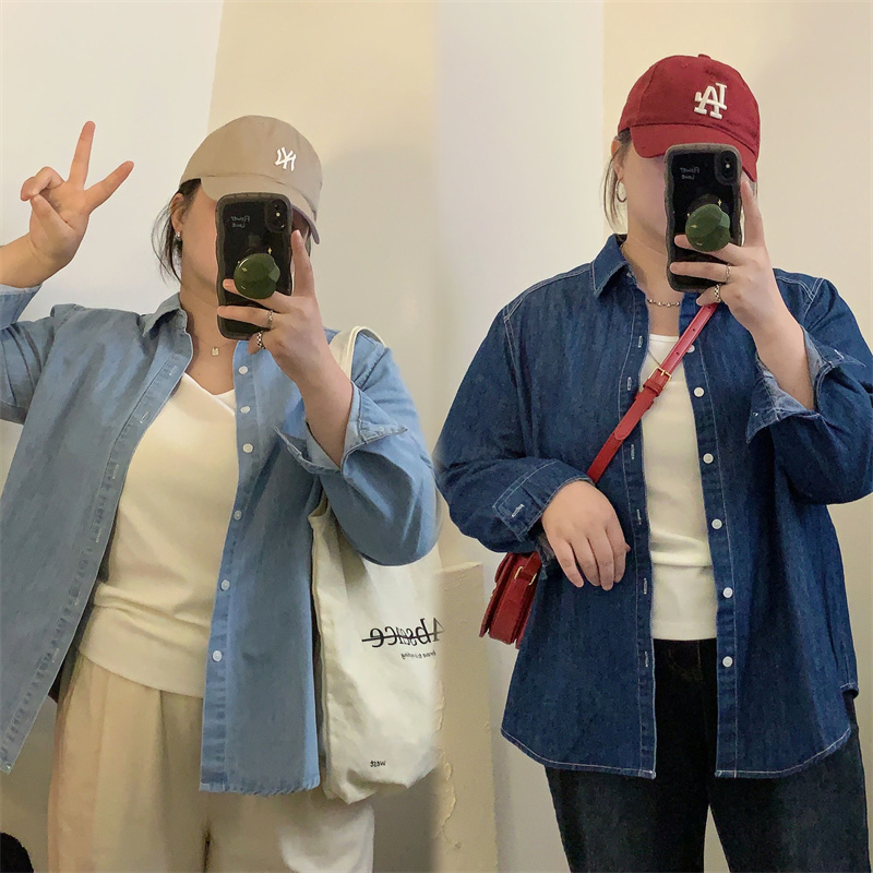 福福大码女装 百搭简约款正肩袖牛仔衬衫 200斤胖MM宽松衬衣外套