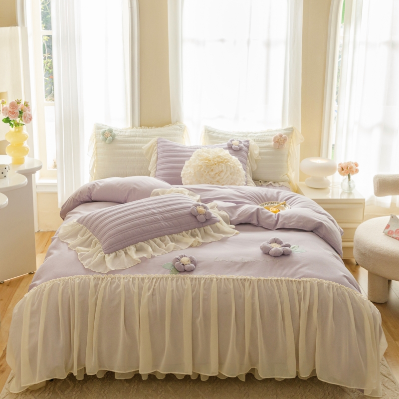 【高品质】新款花儿朵朵全棉床裙四件套  夹棉绗缝床裙雪纺花边