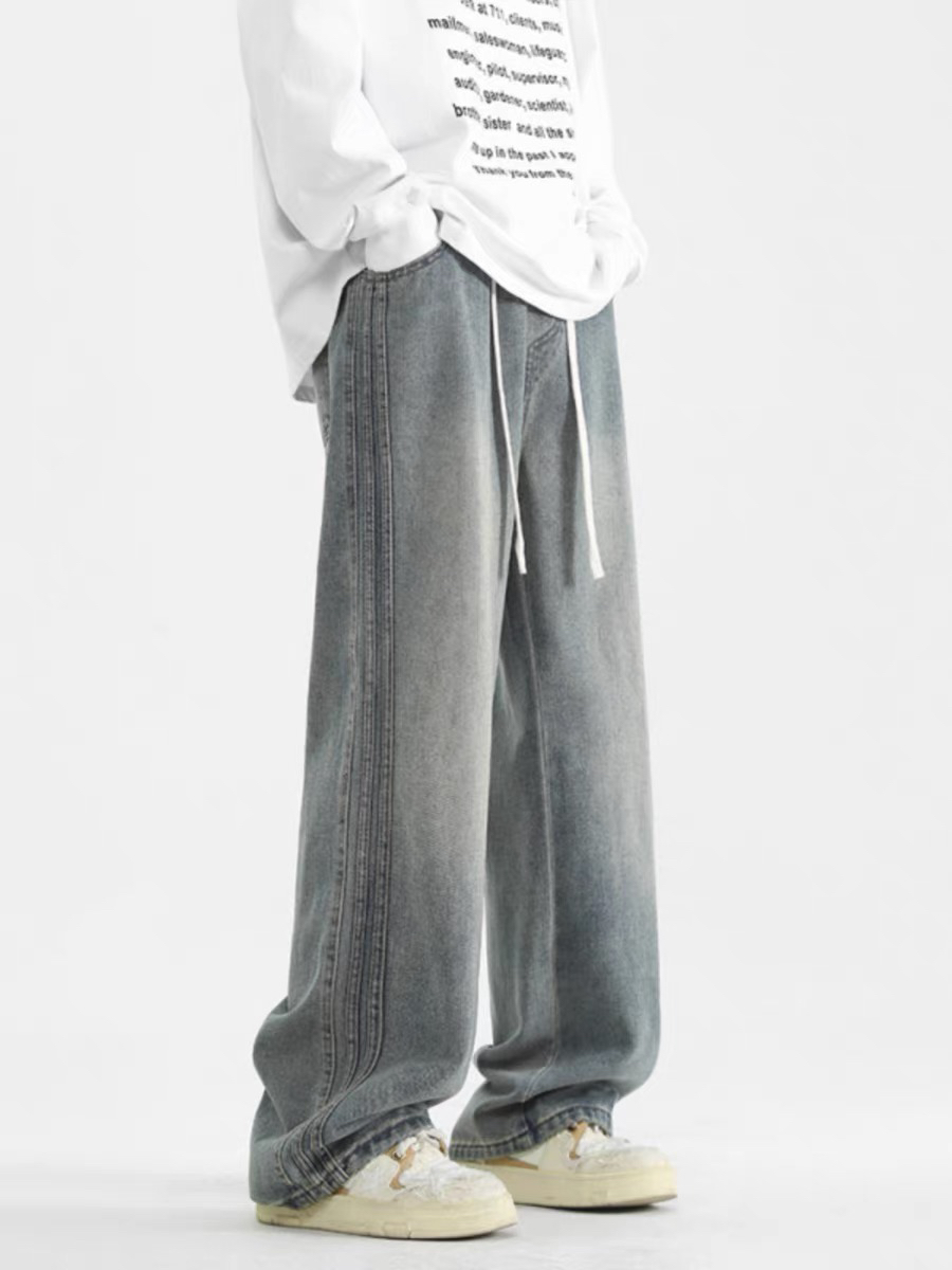 2507水洗条纹牛仔裤男潮牌新款美式vibe宽松复古垂感直筒阔腿长裤