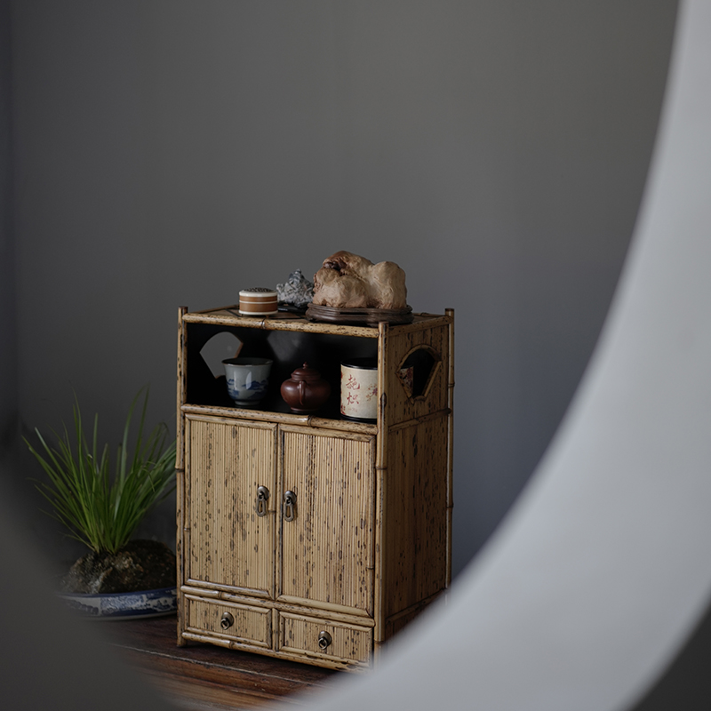 梅鹿竹制茶柜 中式复古竹编茶棚 茶具收纳架 展示柜 书房茶室摆件