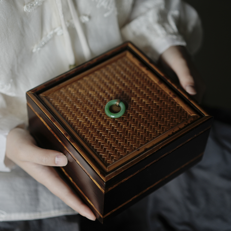 湘妃竹嵌边竹制文玩绣盒 手串佛珠收纳盒 古典针线收纳盒桌面收纳