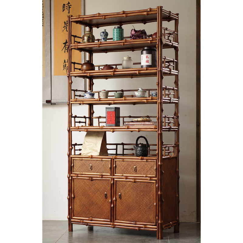 明清古典筇竹家用大漆款书架多层竹制茶具收纳架落地竹子大书柜