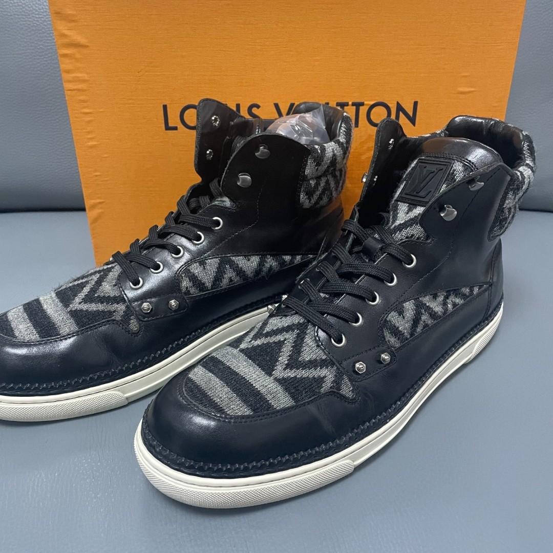 LouisVuitton/路易威登灰色针织拼接老花高帮板鞋 95新