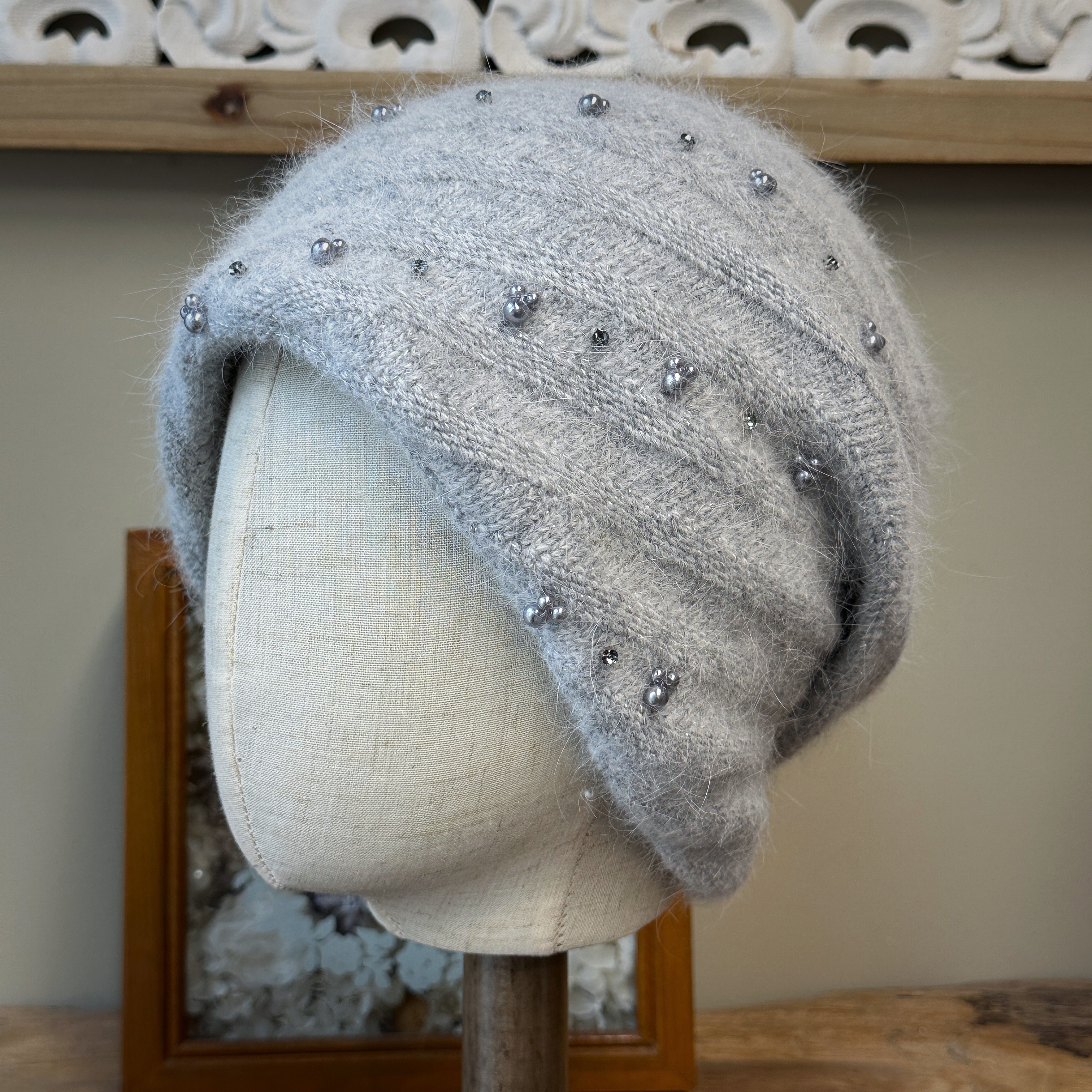 零点兰花序秋冬款安哥拉兔绒后开式斜纹珍珠双层加厚保暖针织帽女