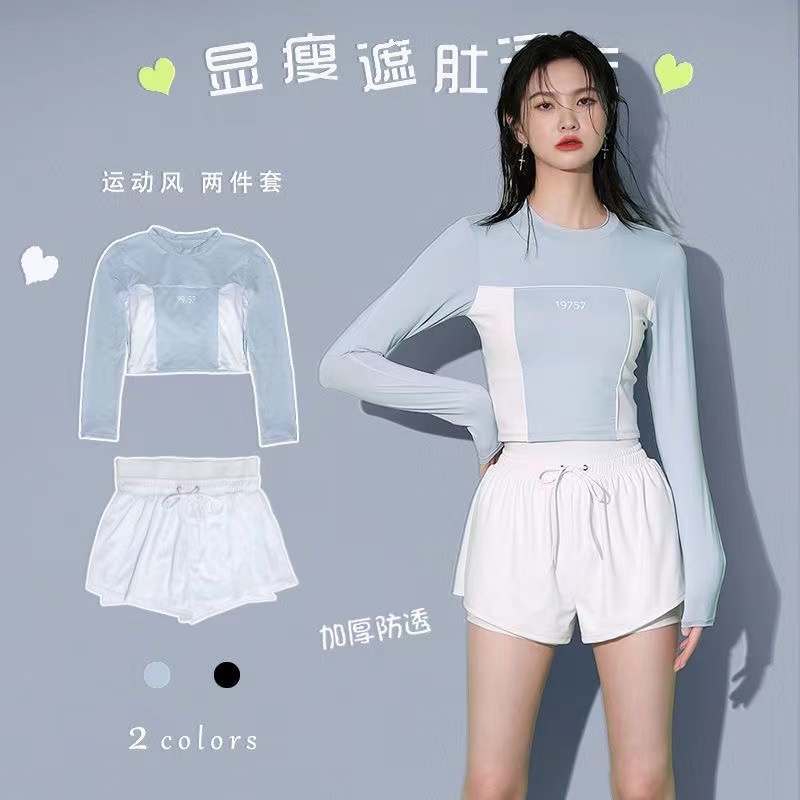 运动风泳衣女新款遮肚显瘦长袖防透防晒保守分体学生游泳课泡温泉