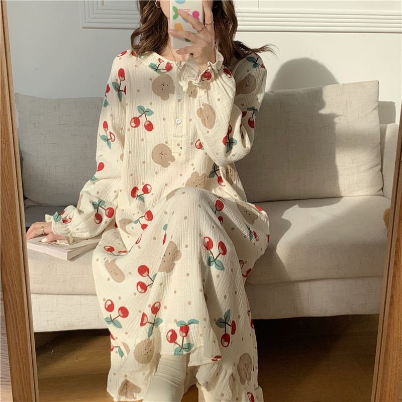 韩国女士新品秋季韩版ins樱桃清新可爱少女家居服连衣裙睡裙长裙