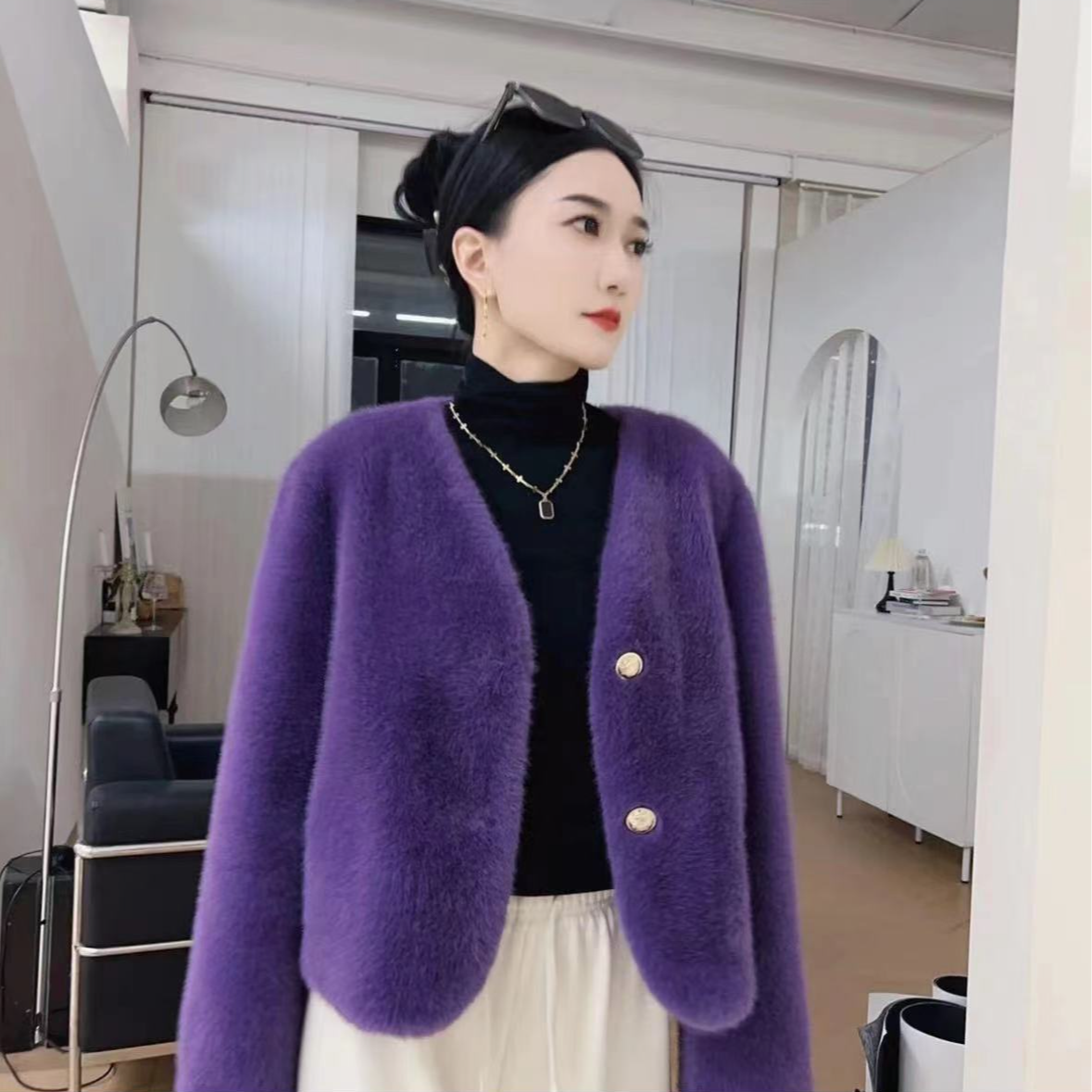 F（雪兰貂）春秋冬短款外套厚款花时尚百搭女士气质款韩版轻奢23018