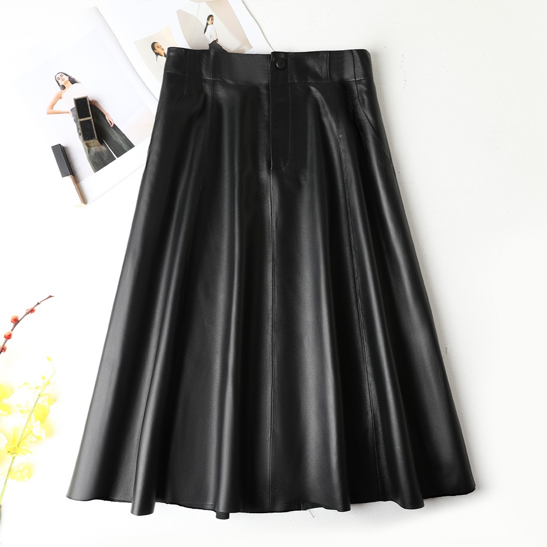 【达人】2360真皮皮裙海宁高腰时尚显瘦长款大摆裙伞裙气质纯色