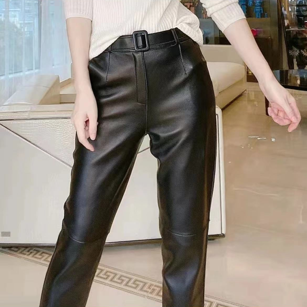 【火苗】216真皮头层牛皮皮裤女黑色百搭小脚九分铅笔裤