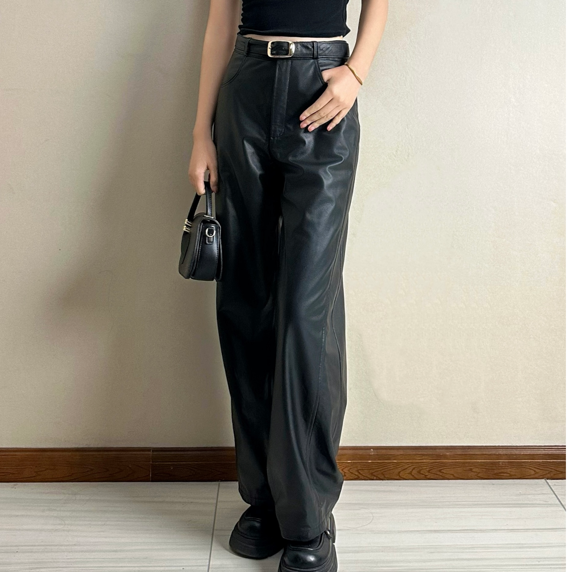 【F火苗】头层牛皮真皮女长裤休闲裤子新款显瘦镰刀拖地裤