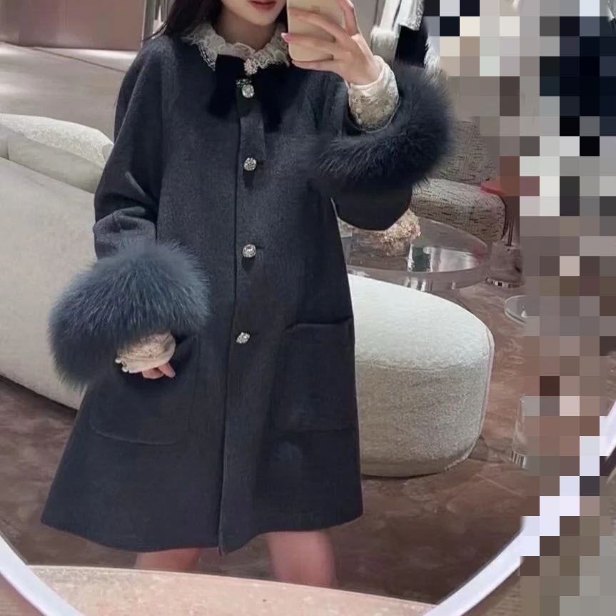 SZSALI 定制狐狸毛毛袖口毛呢外套气质显瘦时尚百搭秋冬大衣