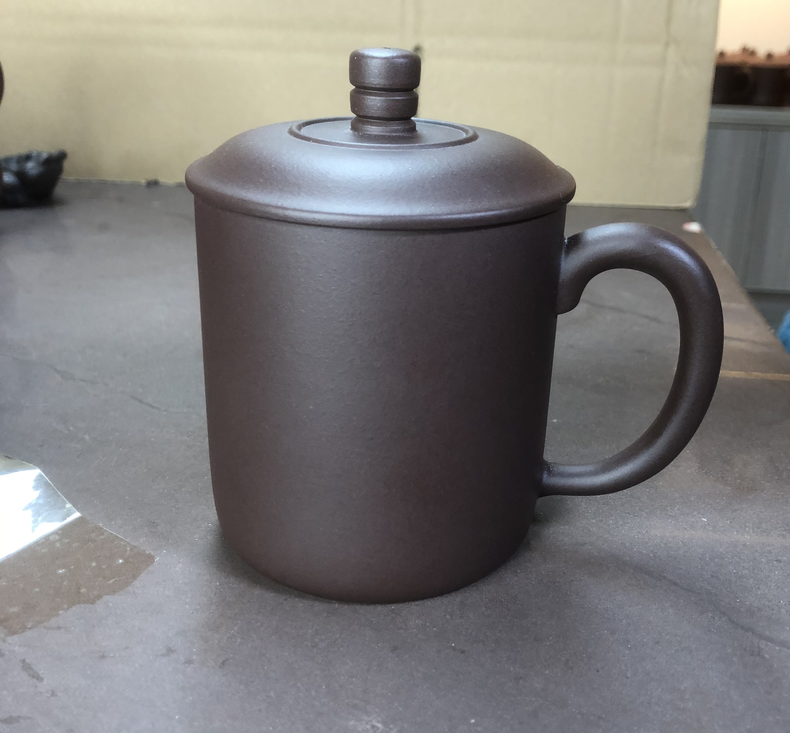 付刘云紫砂艺术、板公杯、原矿老紫泥