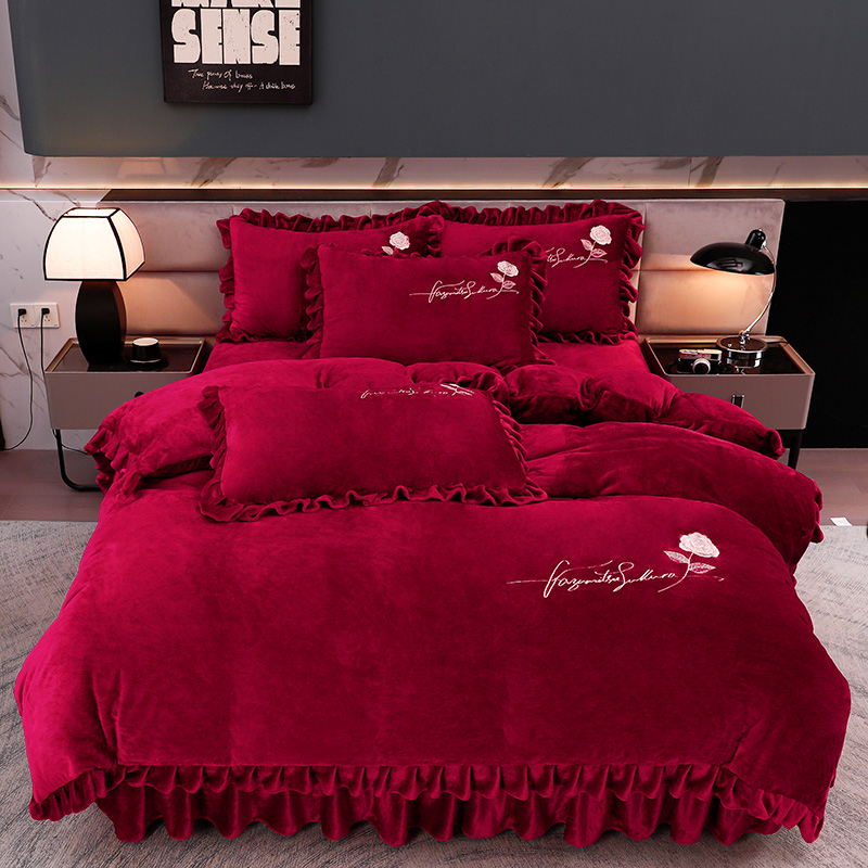 9斤重新款冬季加厚牛奶绒双面绒纯色花边保暖绣花加绒大红四件套