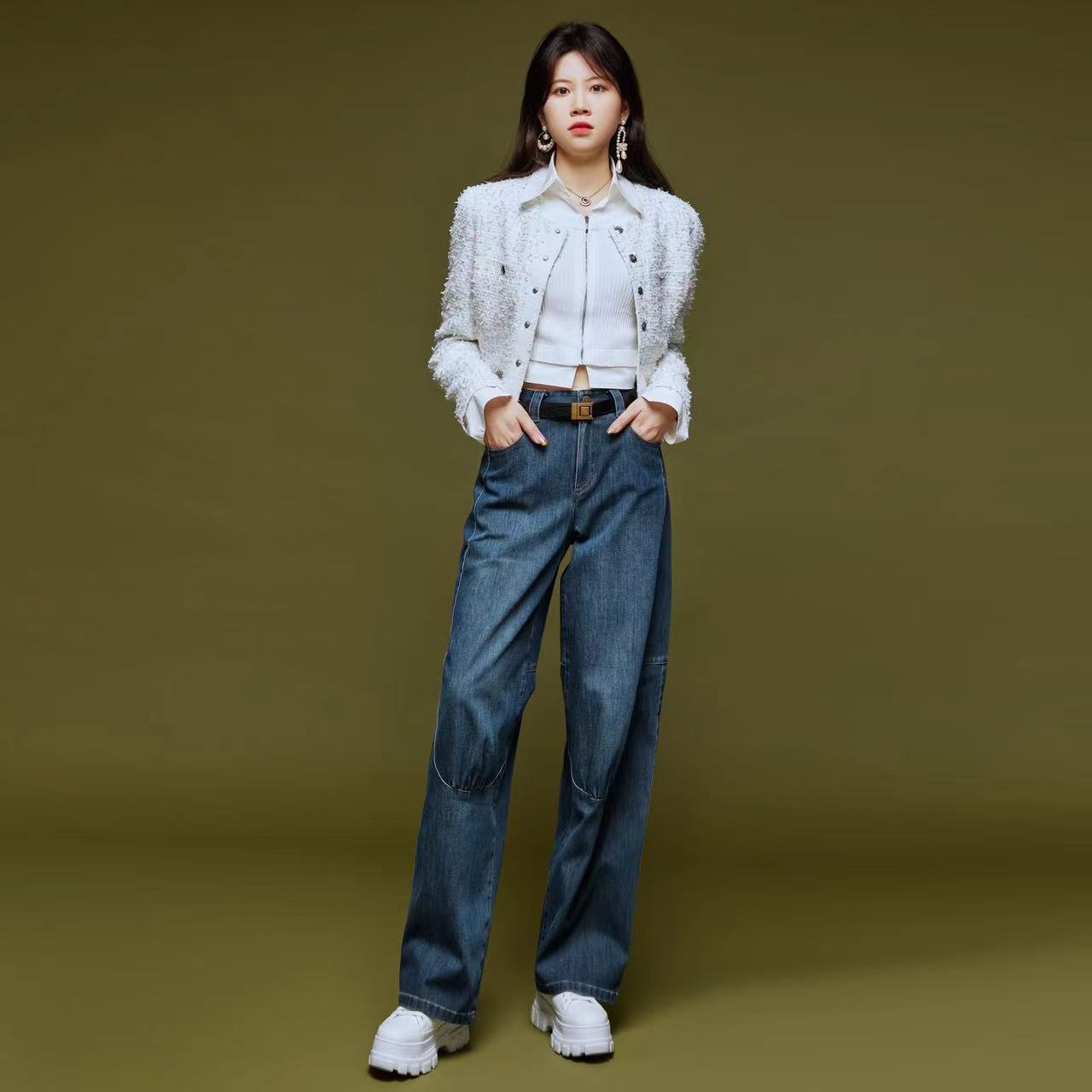 阿玛施AMASS丹宁风解构式百搭气质显瘦直播直筒牛仔裤长裤5100432