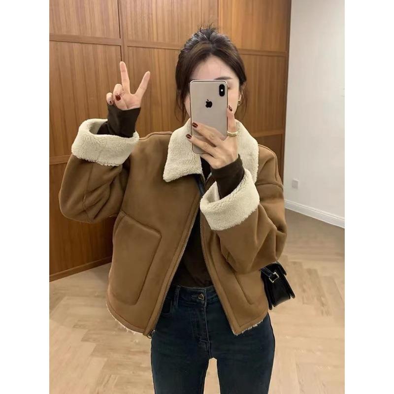 韩版翻领复古气质宽松保暖短款外套女2023冬季新款设计感上衣棉服