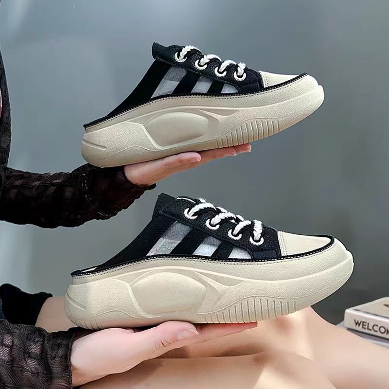 百搭半拖鞋外穿女鞋时尚休闲2025新款镂空拖鞋透气薄款小白鞋增高