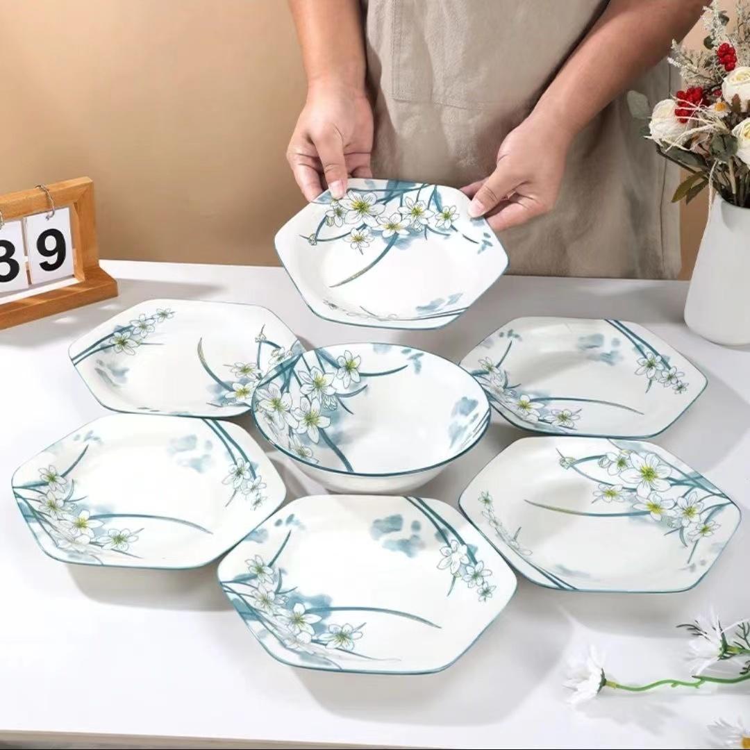 【小扬哥推荐】【春节新款】水仙花8.5英寸六角盘6只+1个8英寸汤碗