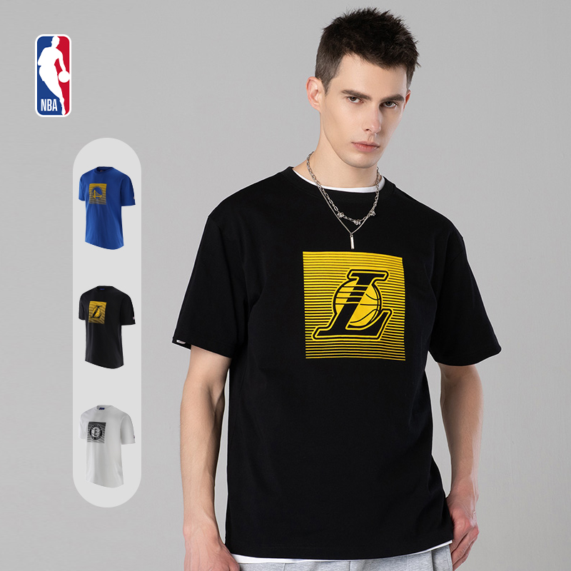 NBA官方湖人勇士情侣款夏季圆领透气印花T恤纯棉运动短袖投篮服