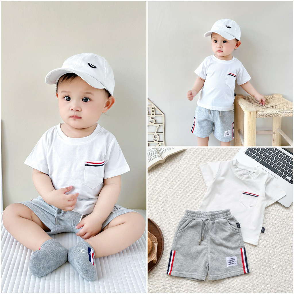 婴儿夏季套装韩系简约口袋织带短袖短裤两件套（可开裆）