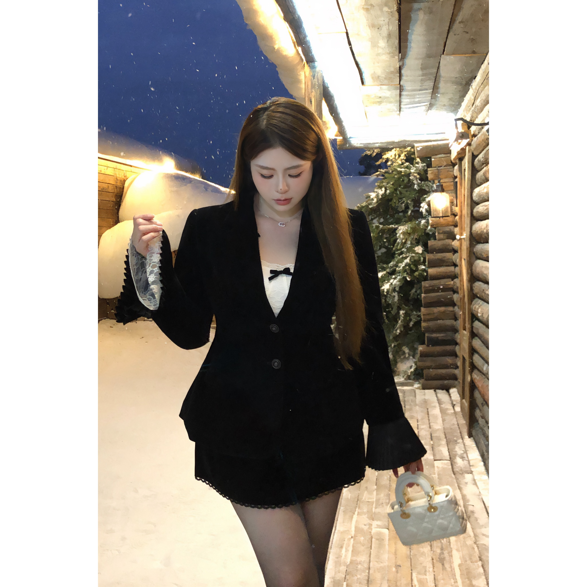 【现货 】白七七微胖定制【赫本晚宴】百搭显瘦黑色外套 T3112