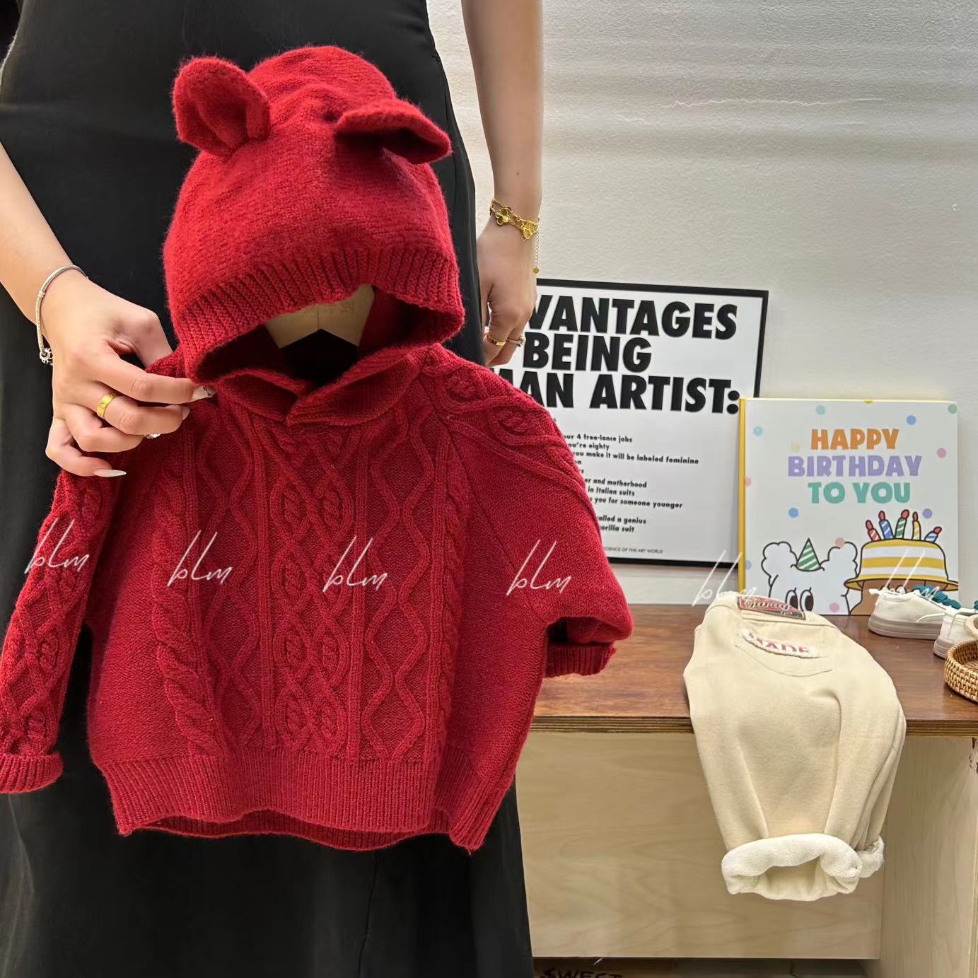 【菠萝米】冬款儿童韩版加厚款小耳朵连帽针织套头毛衣 A1157