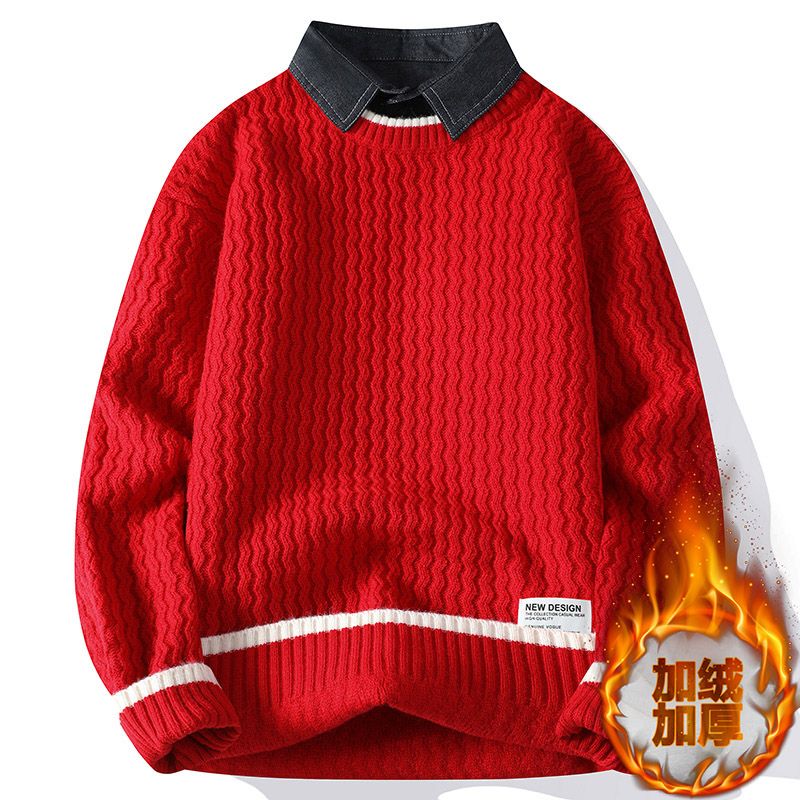 男款假两件毛衣男士冬季加加厚百搭针织衫青年学生潮流衬衫领打底