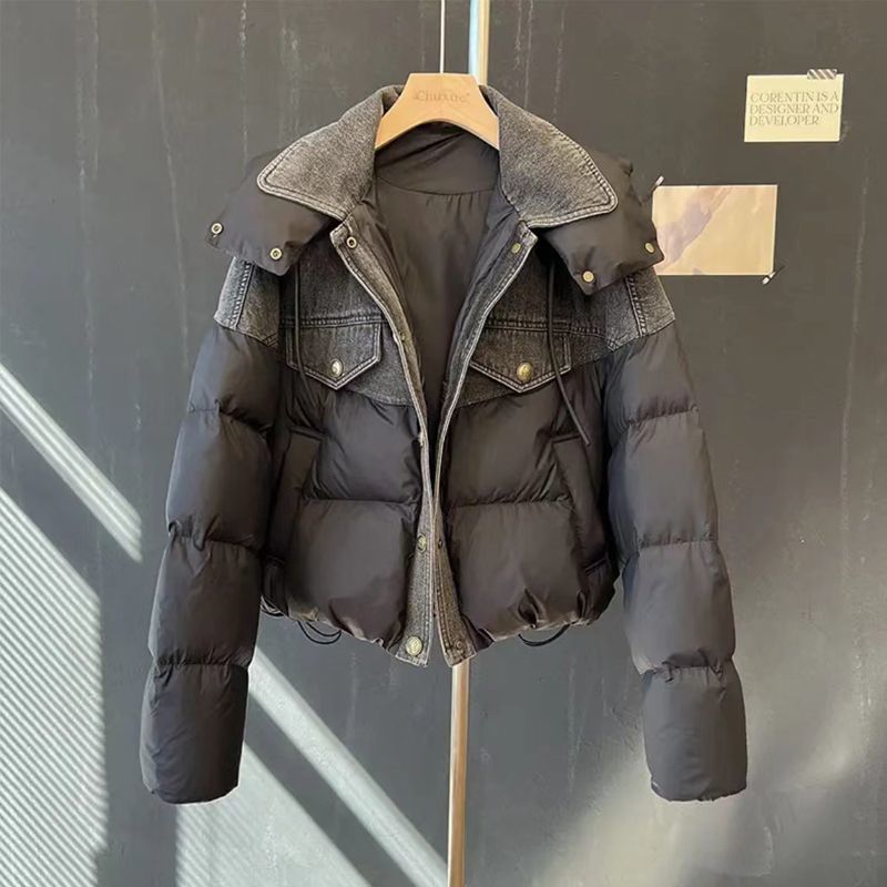 牛仔拼接羽绒服女2023冬新款加厚短款宽松90白鸭绒可脱卸帽面包服