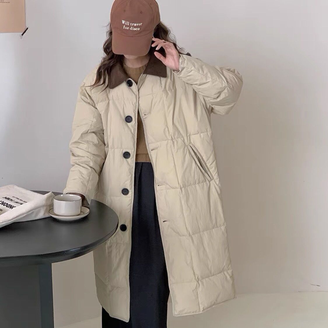 2023冬季新款羽绒服女中长款韩版过膝翻领单排扣宽松加厚保暖外套