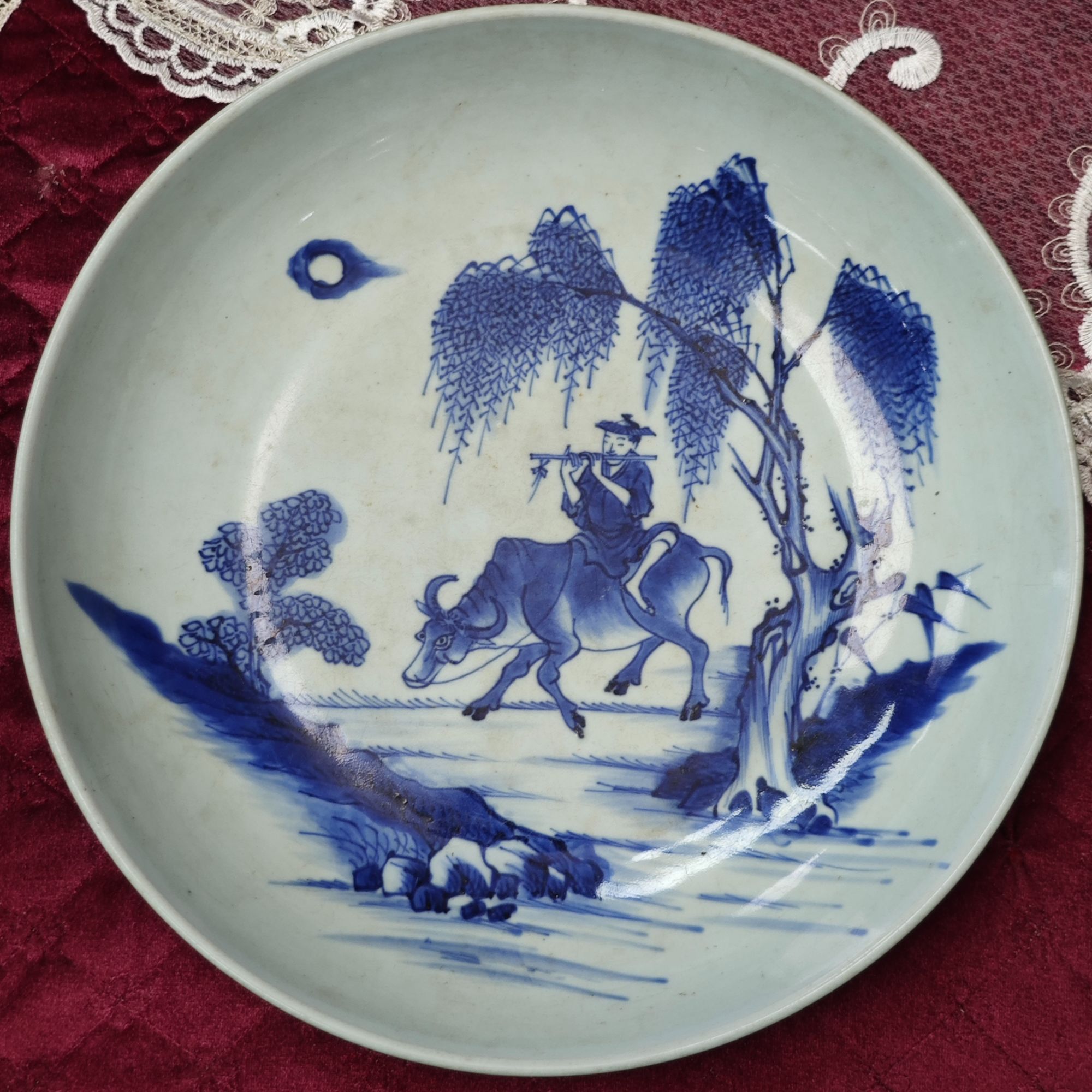 清 雍正 青花牧童盘瓷器W-2581