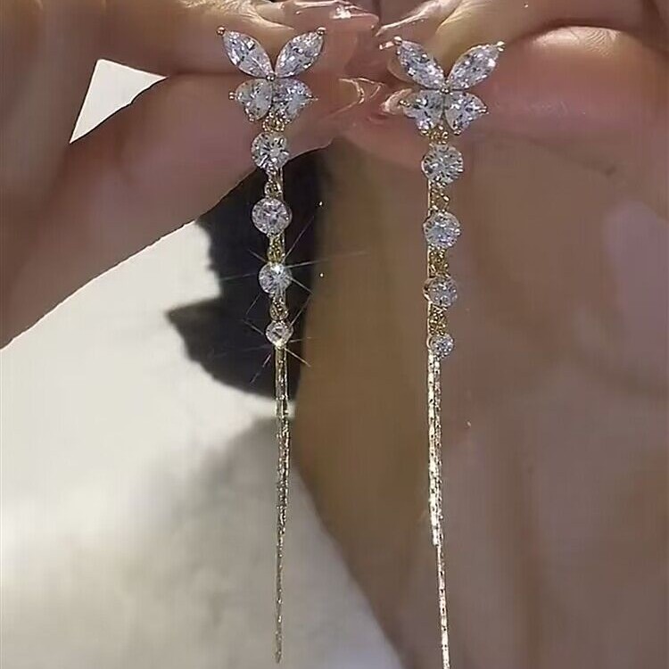 铜合金合成锆石耳饰 【68号】闪亮高级蝴蝶气质长款流苏仙女耳环