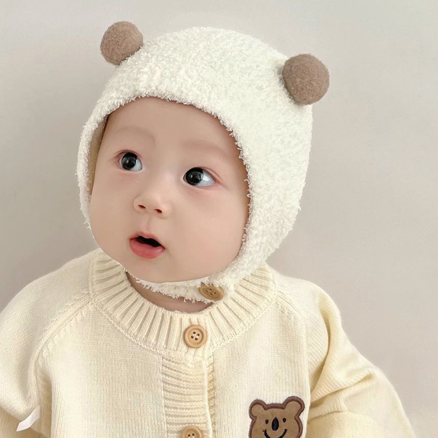 秋冬宝宝护耳帽保暖防寒帽舒适婴儿双球软糯包头帽潮