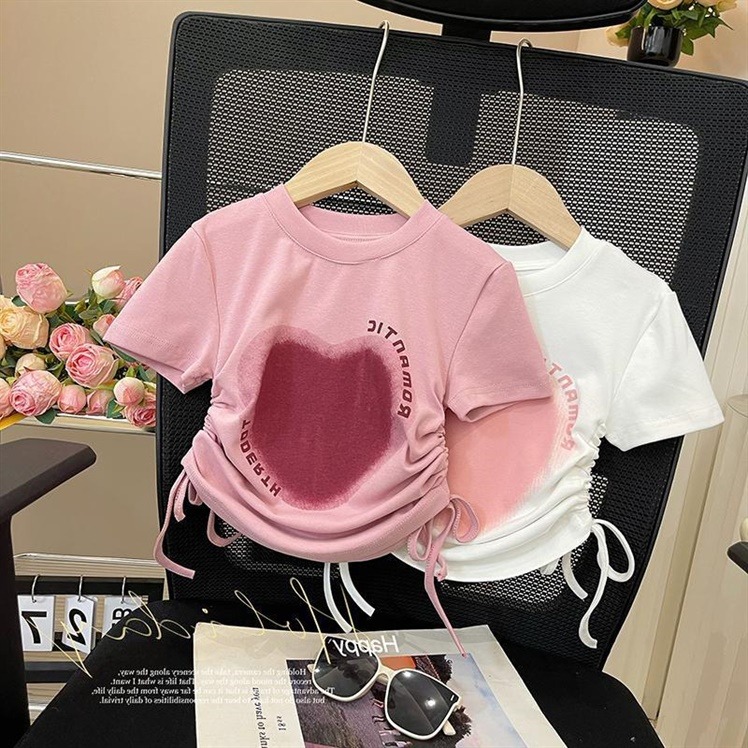 女童上衣夏季短袖韩版爱心时尚夏装儿童t恤女儿童短款上衣纯棉