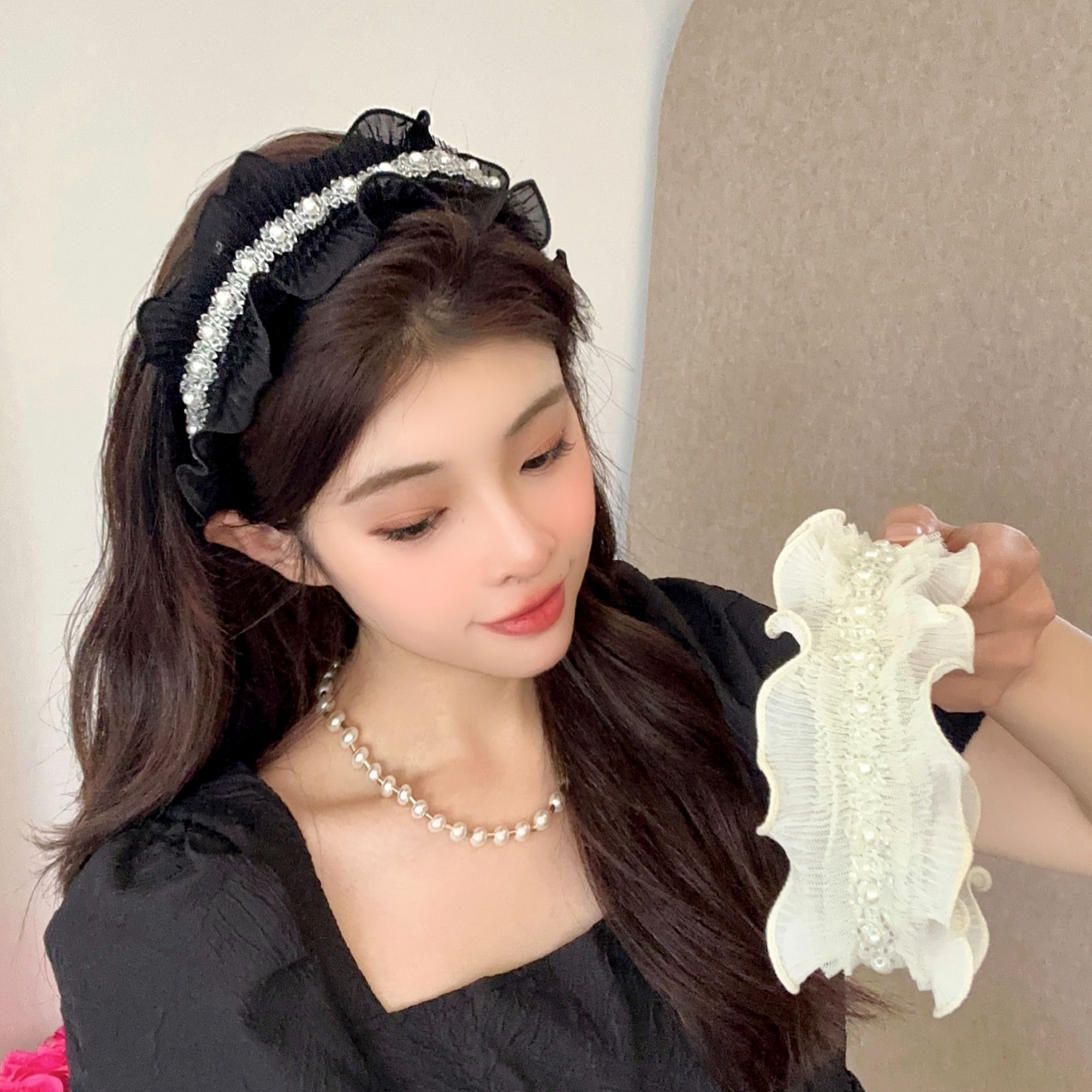 尚倪网红珠珠褶皱发箍外戴2024年新款高颅顶夏天韩国显脸小头箍