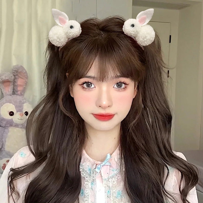 2个毛绒小兔子发夹夏可爱女侧边毛毛刘海夹前额本命年鸭嘴夹发卡