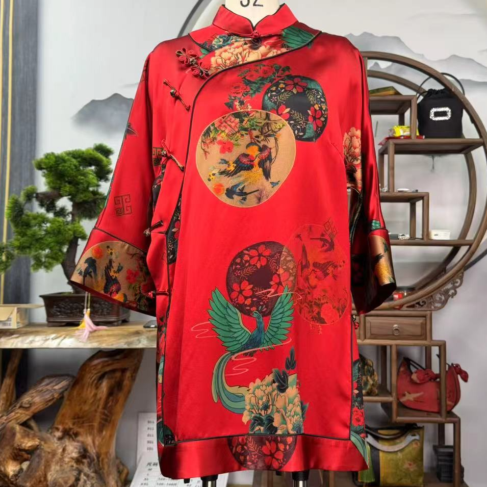 60姆米重锻红色凤舞九天富婆衫100桑蚕丝香云纱