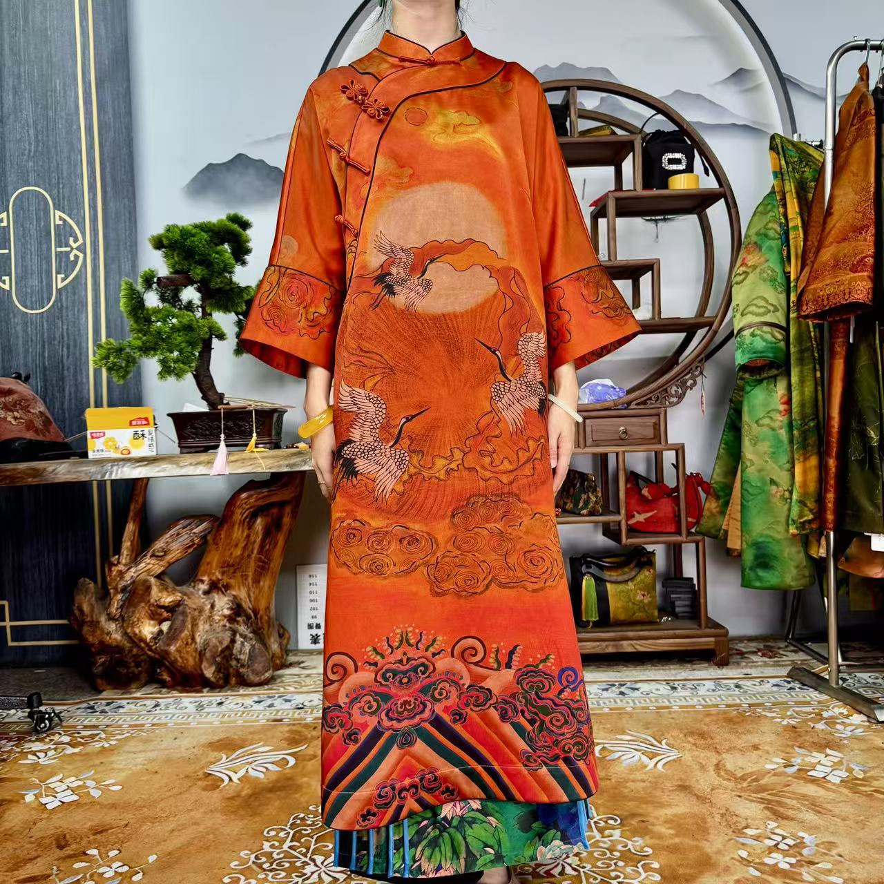 60姆米重缎祥云仙鹤袍子100桑蚕丝香云纱面料缝制中国风