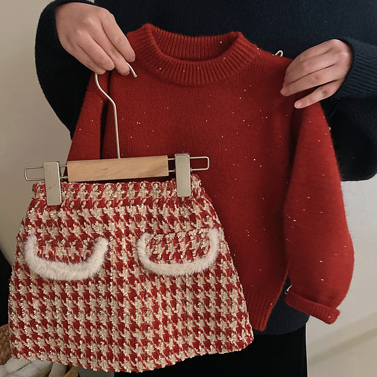 韩版甜美套装2023冬季新款设计感亮片针织毛衣圣诞氛围格子半身裙
