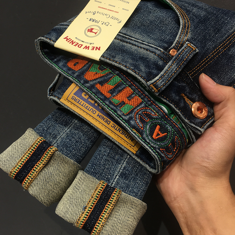 908高端牛仔裤男秋季九分裤潮流刺绣弹力修身小直筒长裤冬季户外