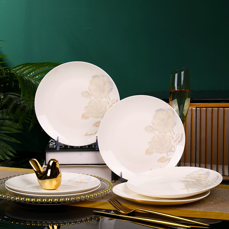 8寸平盘拍4送2景德镇骨瓷月光盘盘子西餐盘菜盘陶瓷家用轻奢餐具