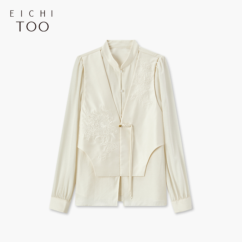 a爱居兔秋新款苏绣百花图卷联名假两件长袖衬衫女ENEAJ3P011A