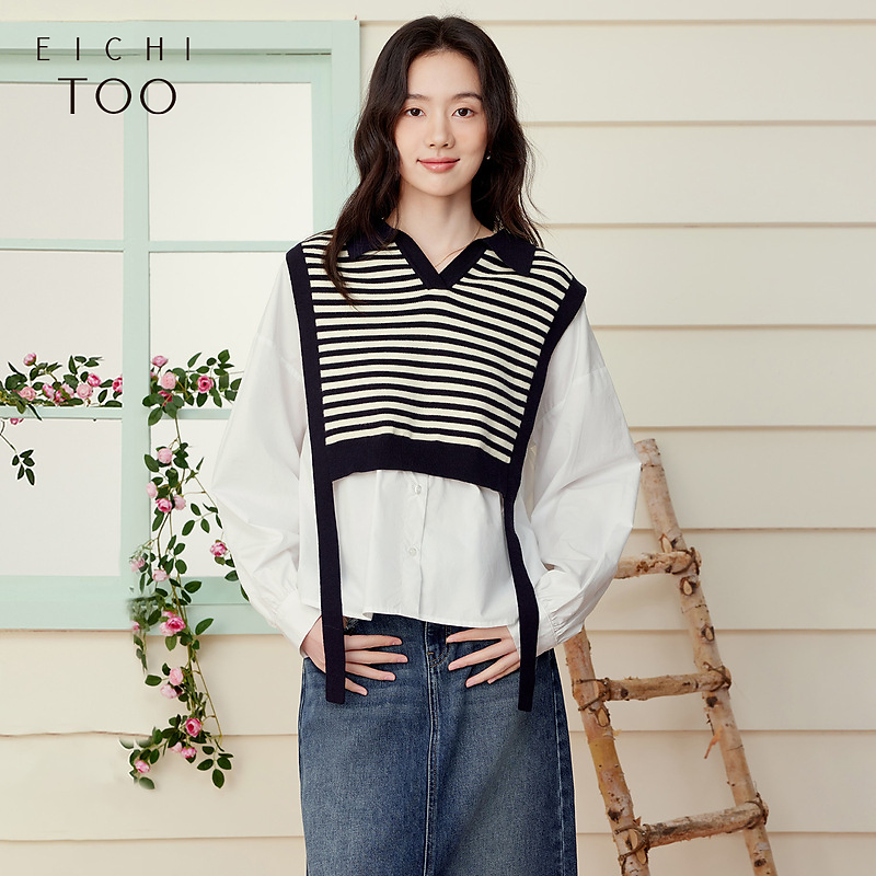 A爱居兔春新马甲拼接设计感假两件宽松时尚长袖衬衫ENSAJ1P003A