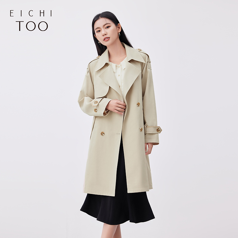 X爱居兔经典卡其色中长款风衣外套EWFAJ1N007A