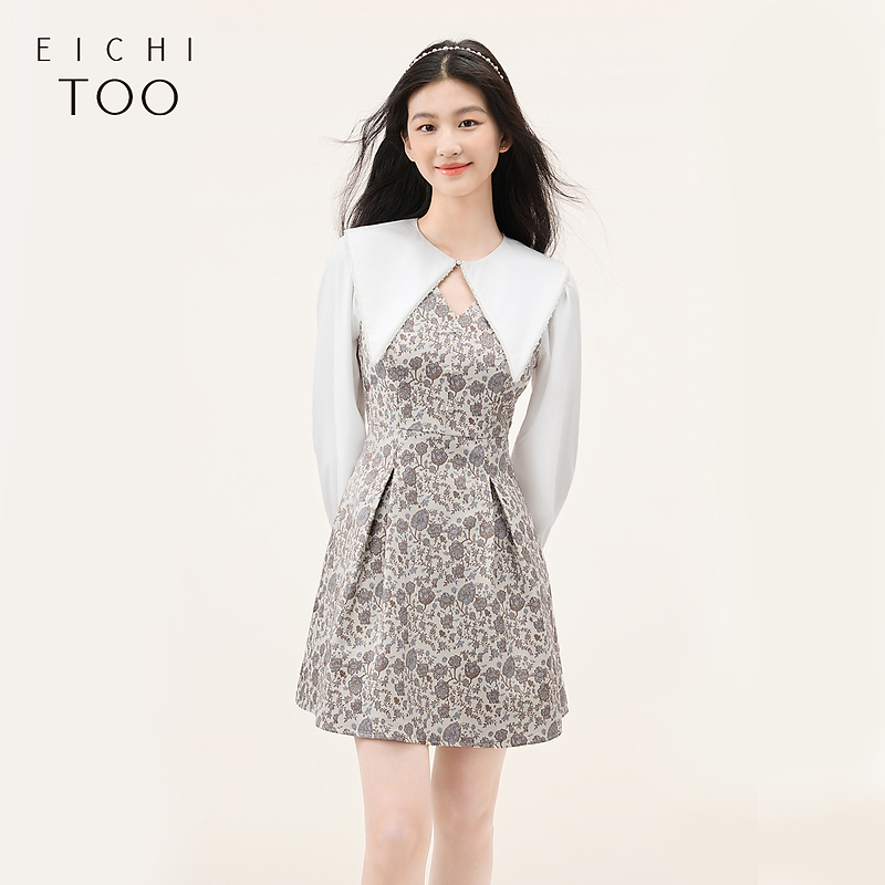 A爱居兔秋大翻领配饰复古收腰提花气质时尚长袖连衣裙EQLCJ3N009A