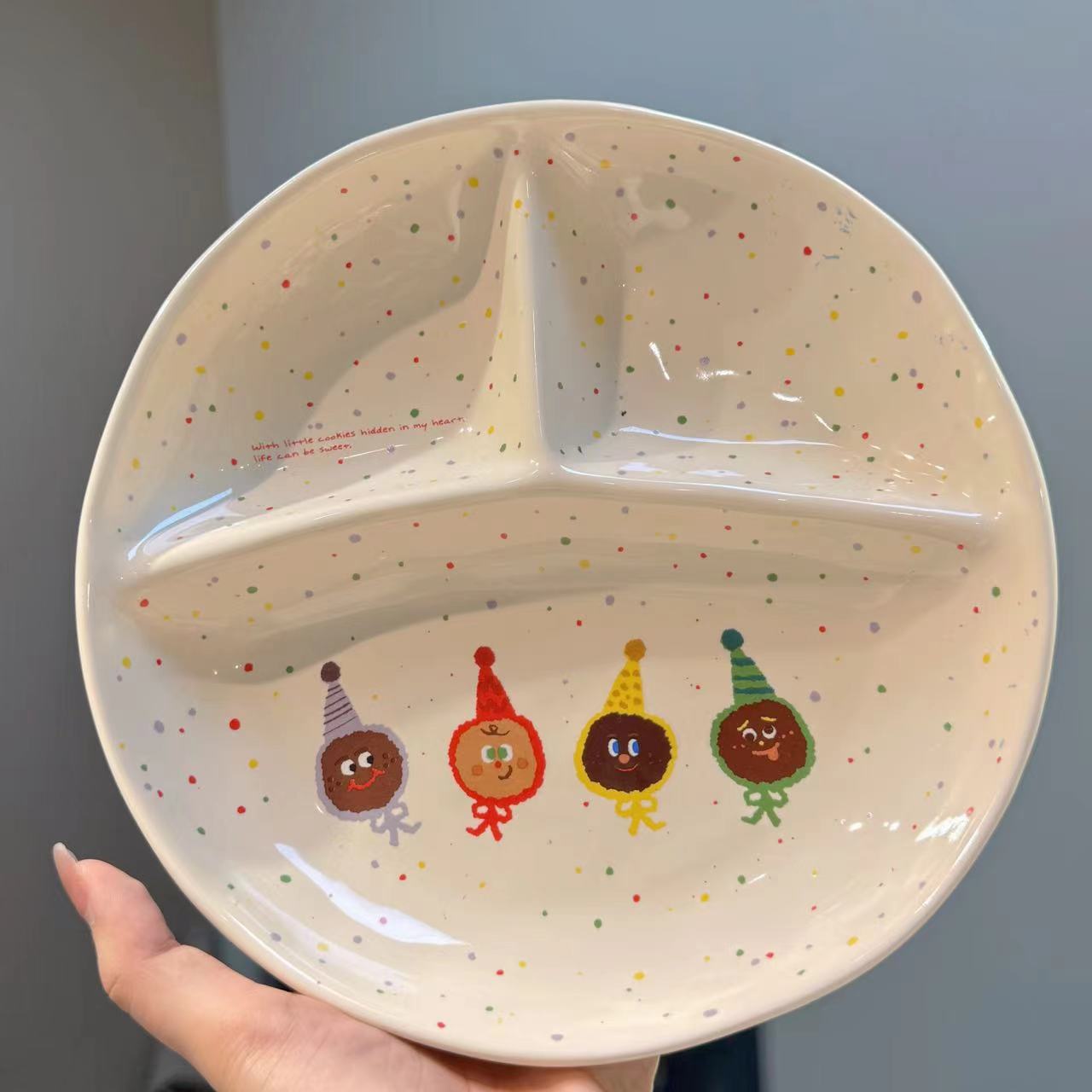 【圆和圈】出口高货 趣味小饼干三格分餐盘 家用陶瓷盘减脂餐盘