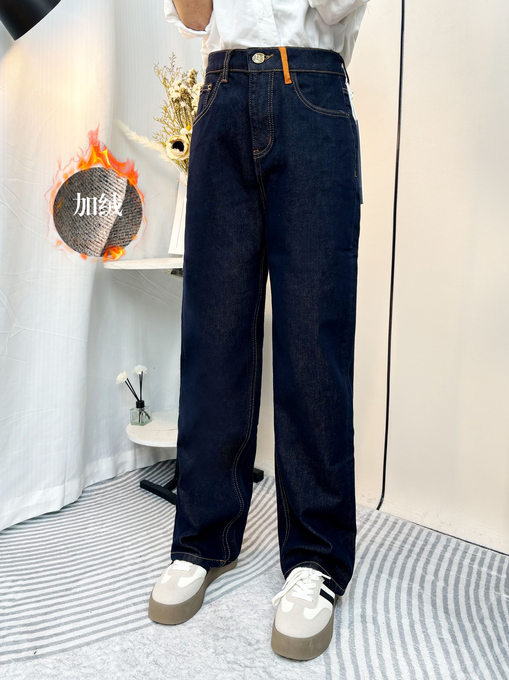 【769】62秋秋MWMA加绒深蓝单宁色橙标窄版直筒阔腿牛仔裤花~