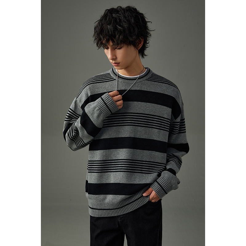 秋冬季圆领宽松毛衣打底男时尚条纹青年休闲针织衫设计感毛衫363