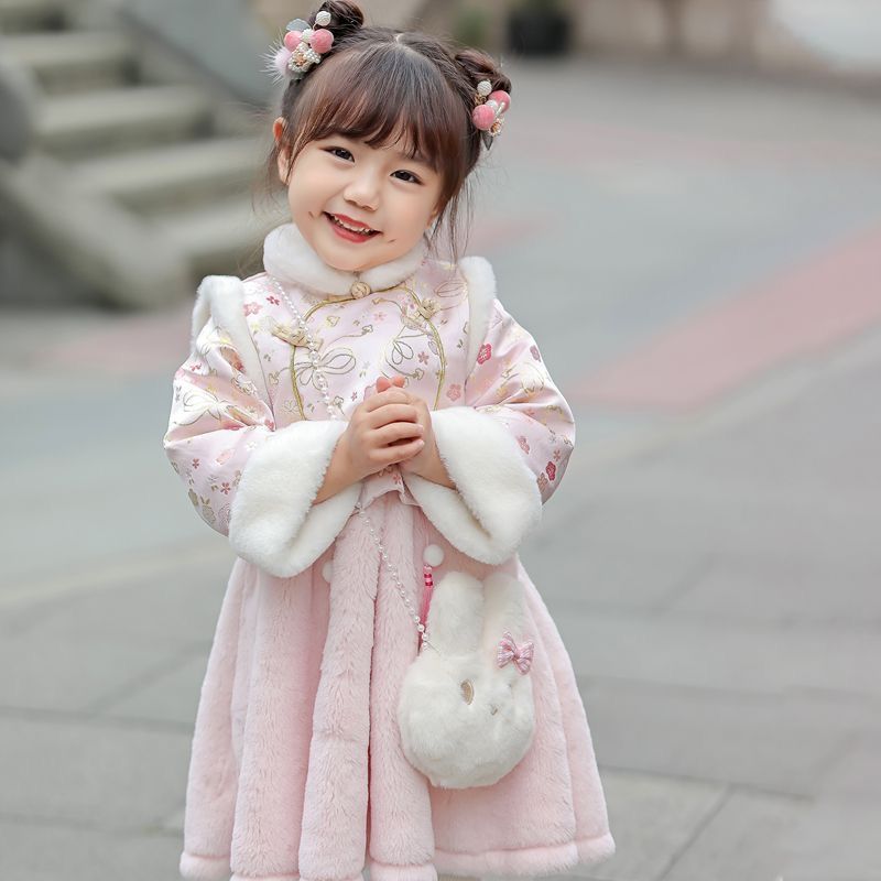 女童连衣裙拜年服2023儿童洋气冬装新款加棉唐装宝宝古装汉服旗袍