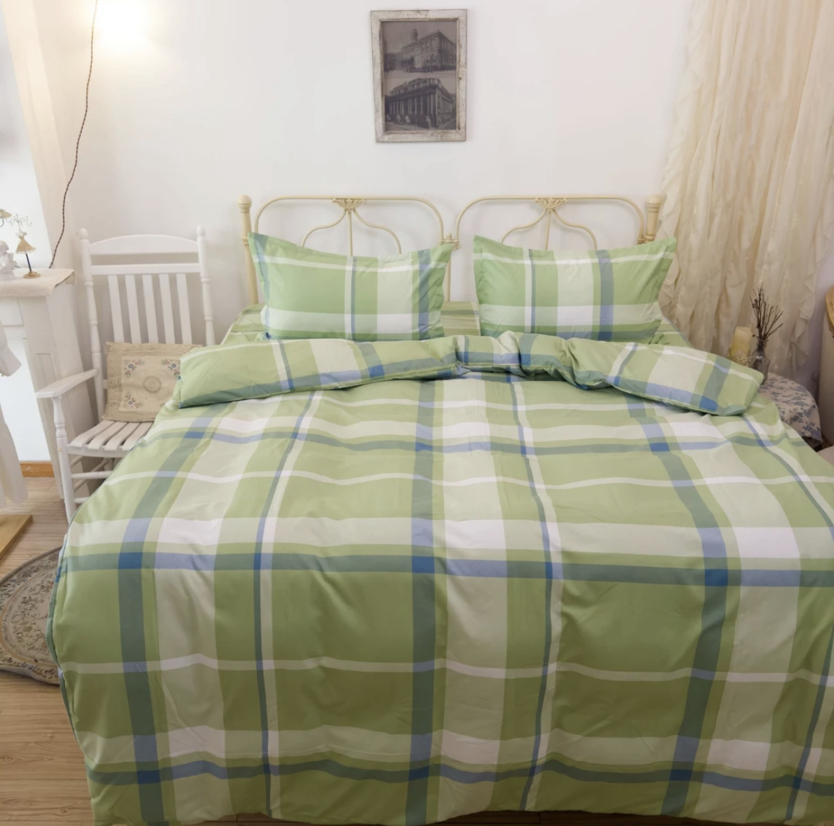 高支高密水洗斜纹棉1.45米床单【简约绿格】