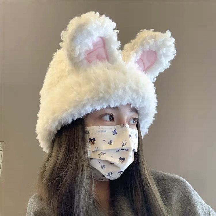韩国可爱毛绒兔耳朵帽子女秋冬保暖针织帽护耳显脸小冷帽包头帽